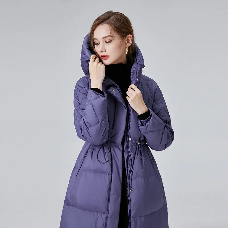 

Purple Hooded Down Coat Women Mid-length Thickened Tops 2024 Waisted Parkas White Duck Down Fashion Winter Jacket Black Clothing