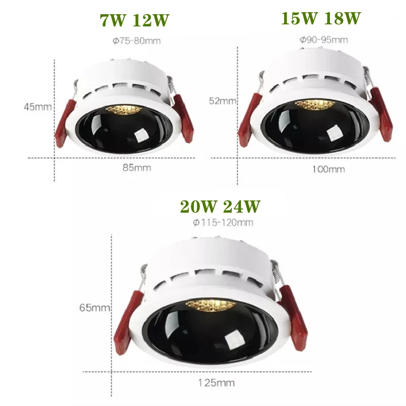 Oprawa sufitowa LED typu Downlight z możliwością przyciemniania i przeciwodblaskowym 7 W/12 W/15 W/18 W 20 W COB Reflektor sufitowy AC90 ~ 260 V