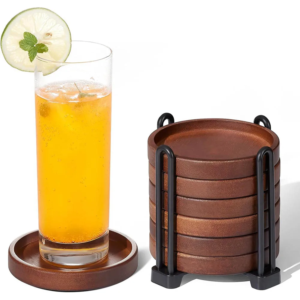 

Set of 6 Wooden Coasters With Holder-Coffee Table Coasters for Drinks,Modern Home Decor,Beer Bar Rustic Outdoor Wood Coaster