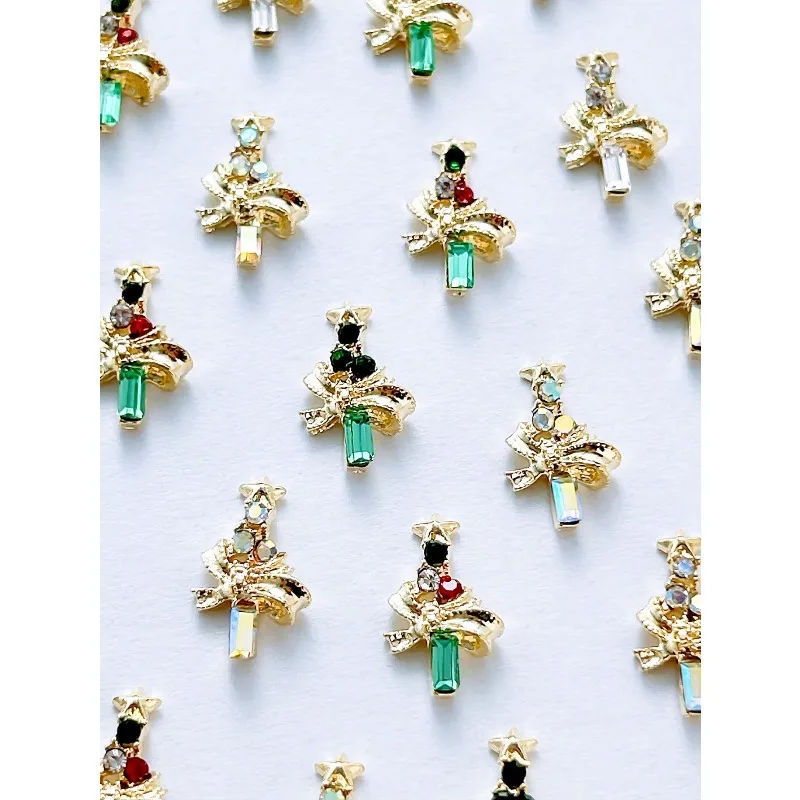10Pcs Random Mixed Color Alloy Christmas Nail Charms, 3D Flat Bottom Xmas Tree Ornaments DIY Handmade Nail Art Decor Accessories