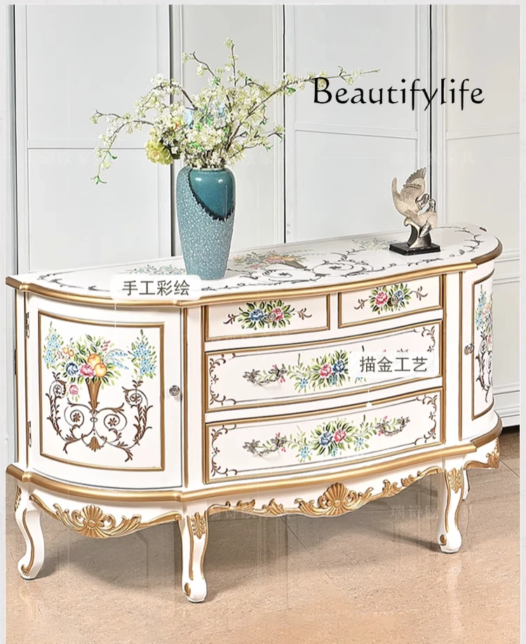 

European retro semi-round entrance entrance cabinet Solid wood painting hall Carved decorative storage cabinet