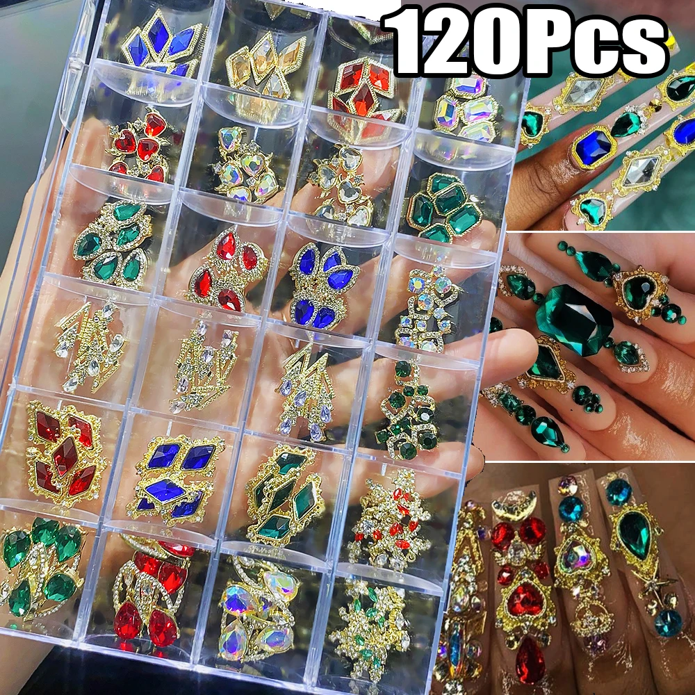 120Pcs Luxury Alloy Nail Art Rhinestone 3D Rhombus/Love-Heart /Square/Water-Drop Nail Diamond DIY Shinying Manicure Jewelry