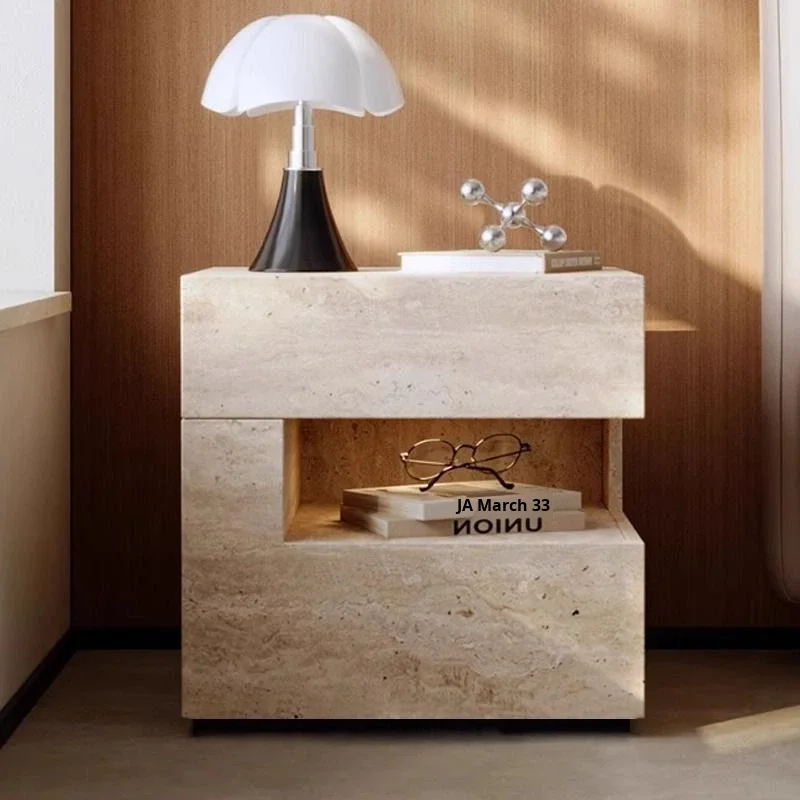 

Travertine Silent Vintage French Retro Italian Minimalist Bedside Table Light Floating Cabinet Simple Modern Bedroom Furniture