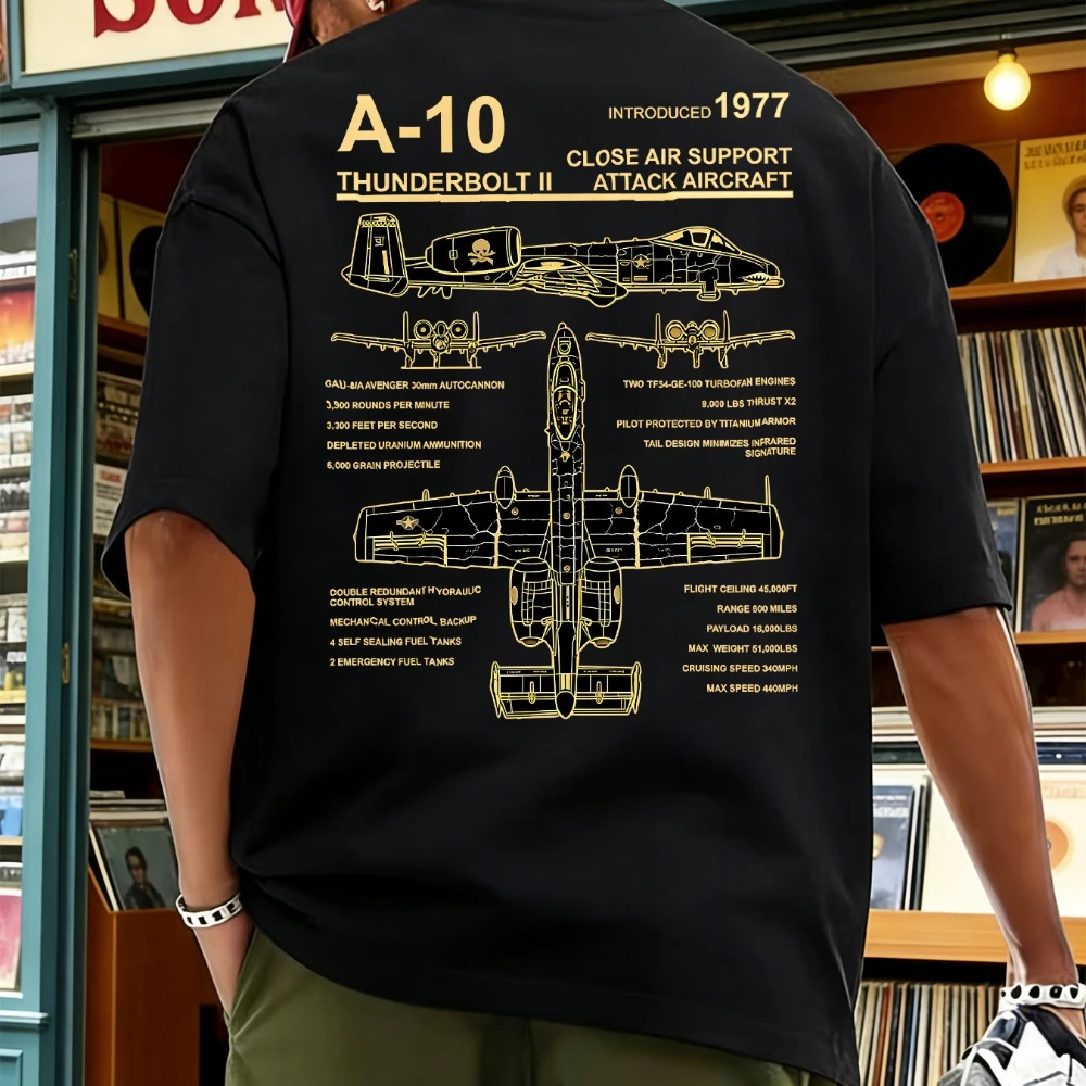 Men'S A-10 Thunderbolt II Military Jet Blueprint T-Shirt Loose Fit Aviation Enthusiast Tee Printed Attack Aircraft Cutaway