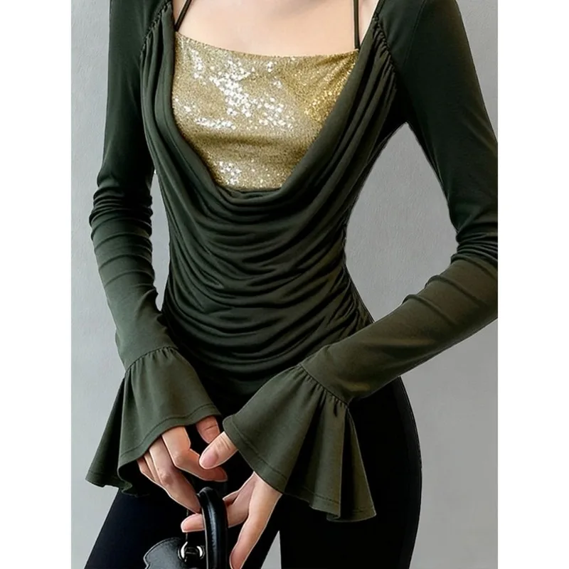 Bottom Shirt 2026 New Popular This Year, Beautiful and Good-looking Green Fake Two-piece T-shirt Top Women's Autumn and Winter