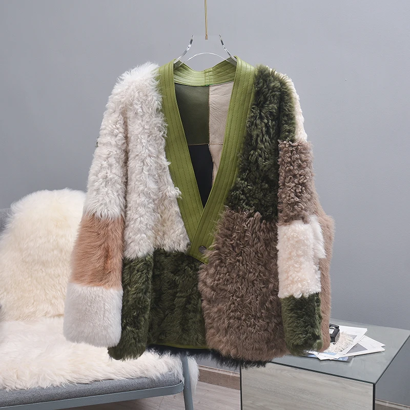 Tcyeek Women's Winter Coats Tuscan Wool Fur Coat Women Clothes Contrast Color Fashion Warm Female Fur Jacket Casaco Feminino Lq