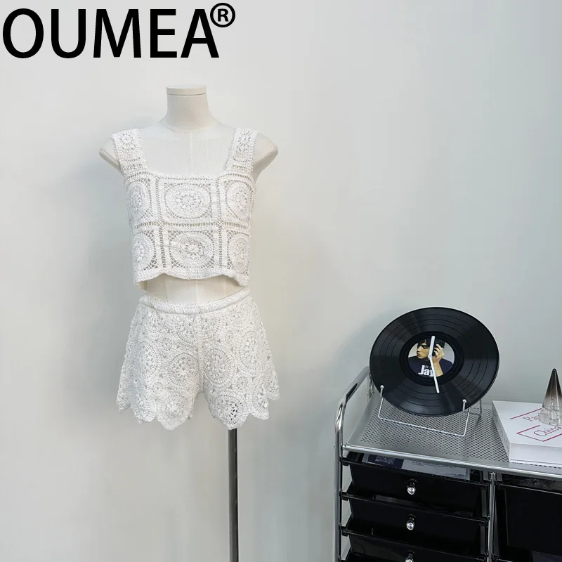 OUMEA Women Cotton Crochet Two Pieces Sets Beach Styles Tank Tops Elastic Shorts Slim Fit Casual Sets For Holiday