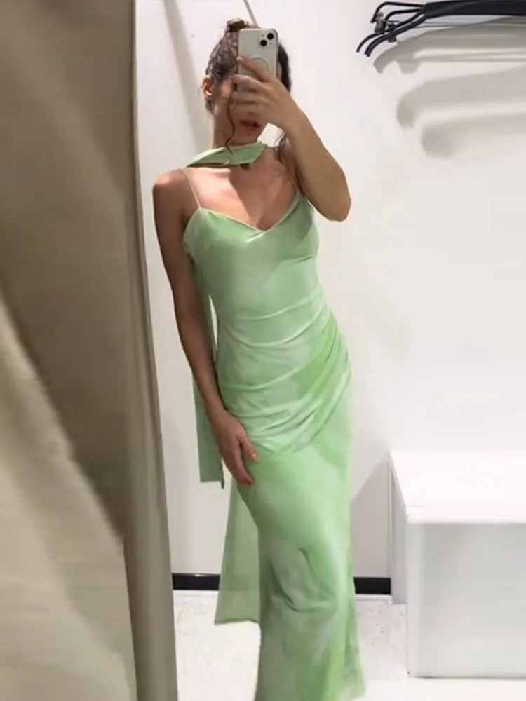 

Ribbon Print Slip Long Dress Women Elegant V-neck Sleeveless Backless Waist Cinching Pleat Party Dresses Fashion Ladies Vestido