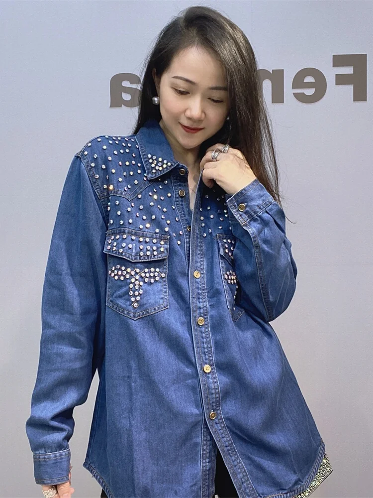 

Faionable Pearl Embellied Denim Jaet Women's Long Sve Crtsmanip Casual Sle Mid-Length Open Cardigan Coat