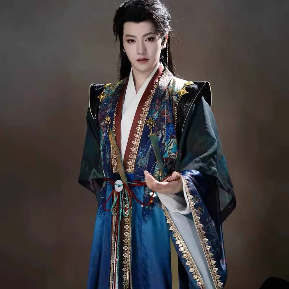 Men Ancient Chinese Hanfu Set Blue Printed Wide Sleeve Robe Traditional Wuxia Costume for Cosplay Stage Performance Plus Size