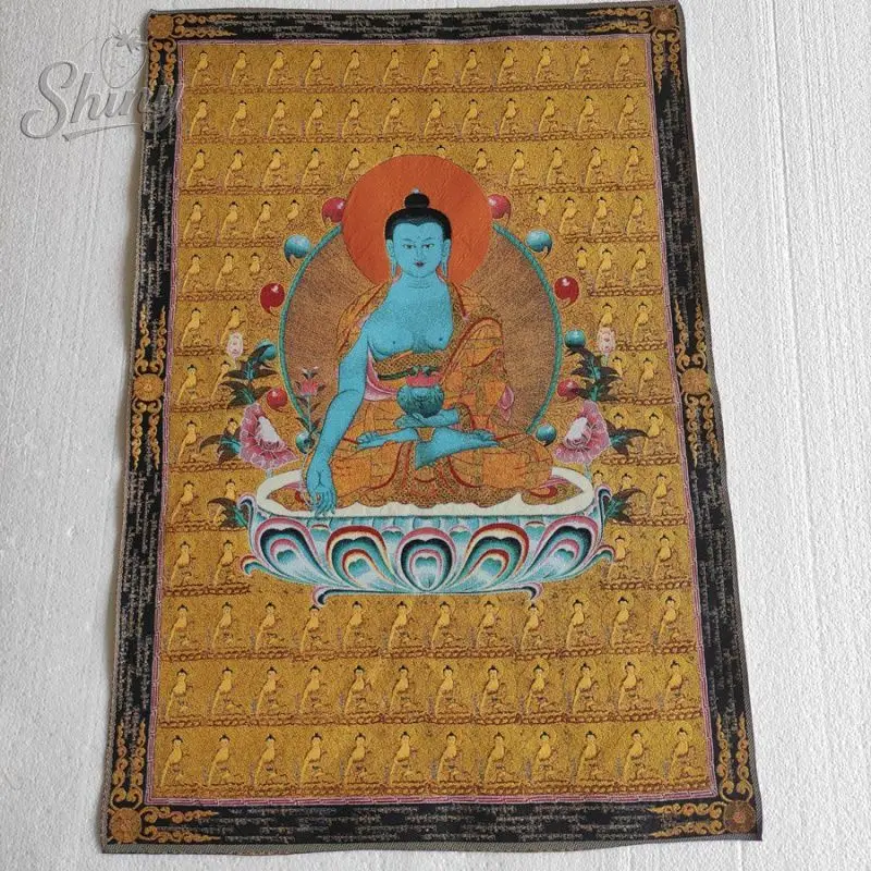 35.4″ Bhaisajyaguru Brocade Tibetan Tangka Embroidery Painting Gold Thread Embroidery Decorative Hanging Pictures