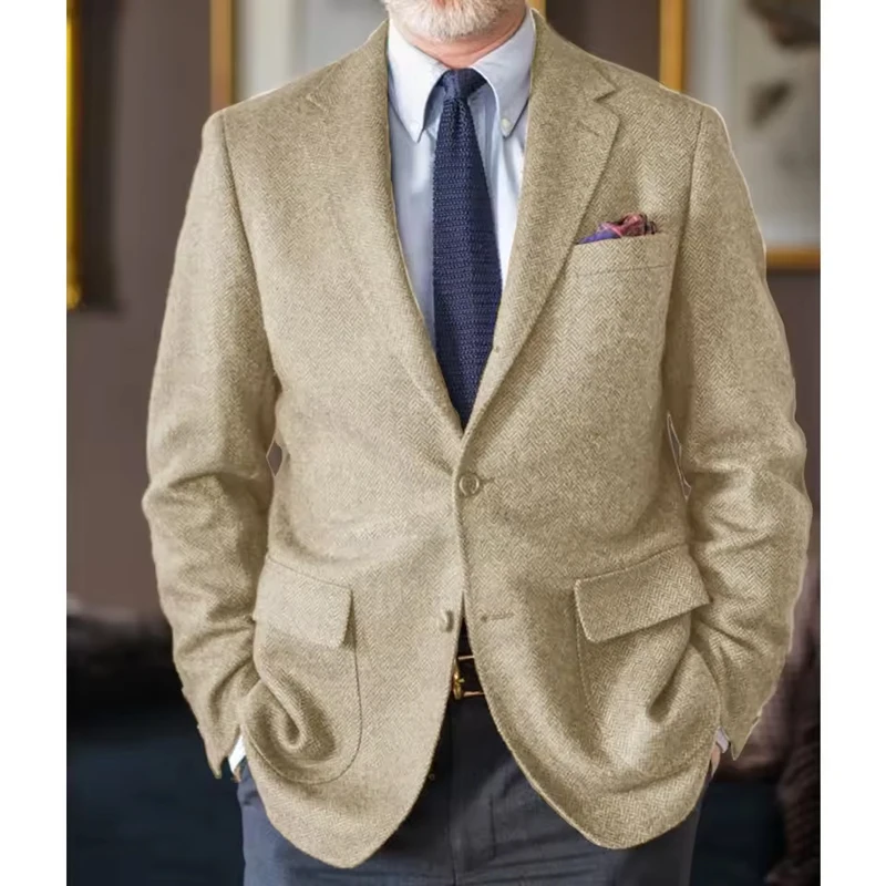 Nieuw in Jassen voor Mannen Visgraat Stof Mode Pak Notch Revers Twee-knoopsluiting Hoge Kwaliteit Luxe herenpak Pakken Hot