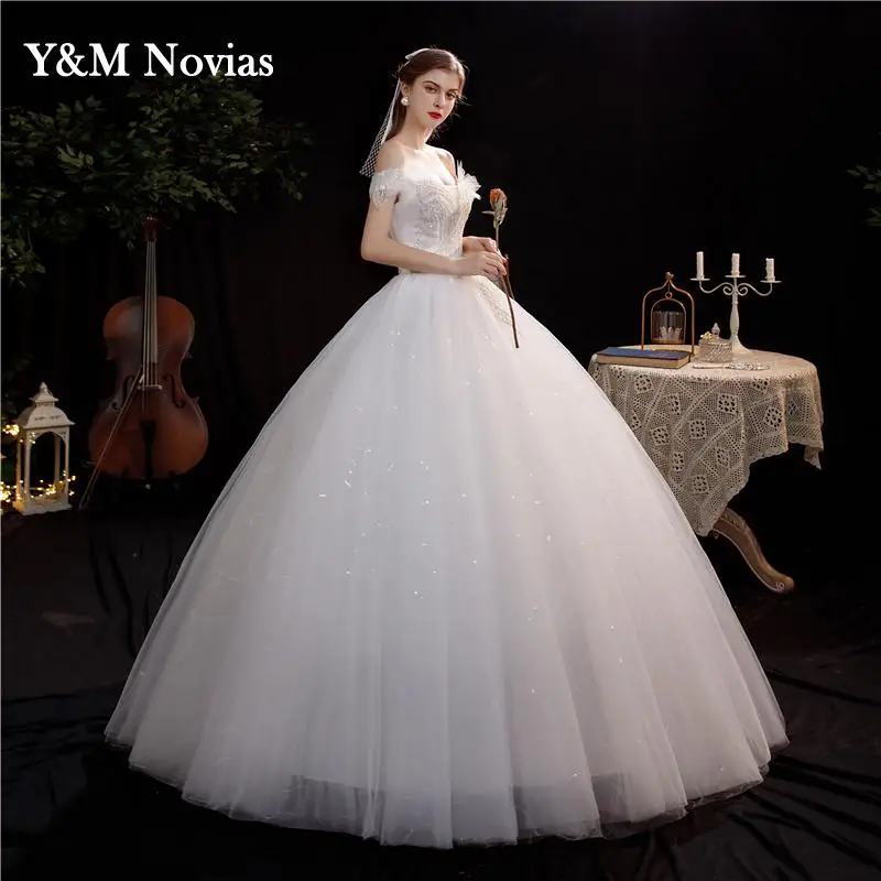 Plus size Korean Style V-Neck Lace Ｏff Shouder Appliques Ball Gown Wedding Dress 2022 New Fashion Simple estidos de noivas