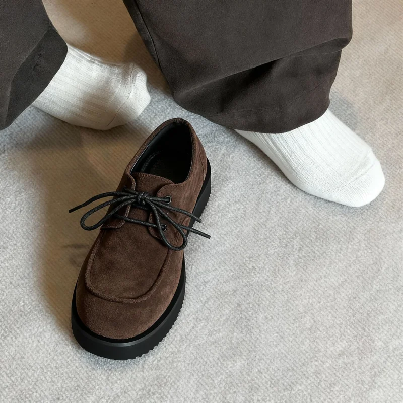 Suede Round Toe Loafers Business Wedding Men Casual Leather Shoes Vintage British Height Increasing Versatile Derby Shoes