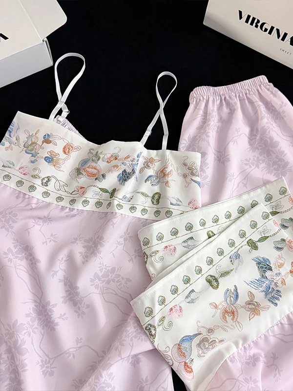 Summer New Chinese Style Ice Silk Sleepwear Women's Strap Long Pants No Sleeve  Home Clothes Set Comfortable Breathable