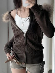 Cuteandpsycho Zip Up Solid Hoodie Coat Chic Y2K Vintage Women's Jackets Kintted Cardigan Twist Grain Streetwear Fur Neck Clothes