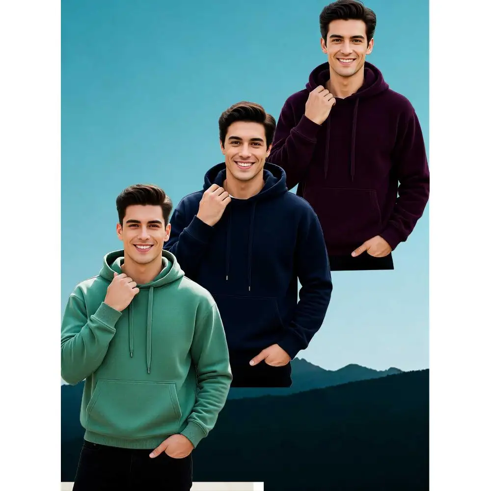 

Three piece men's hooded sweatshirt set, soft and comfortable, warm and sporty sweatshirt with drawstring hood and kangaroo p