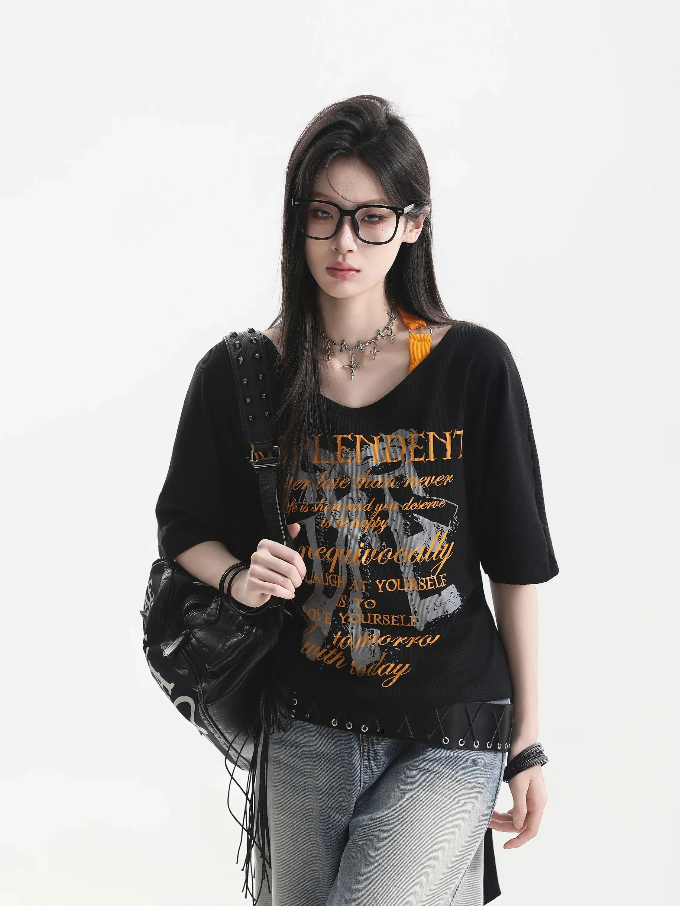Sexy American Hot Girl Hip Hop Style Print Waist Belted Neck Hanging Short Sleeve Summer Y2K T Shirt Clean Fit Slimming Retro...