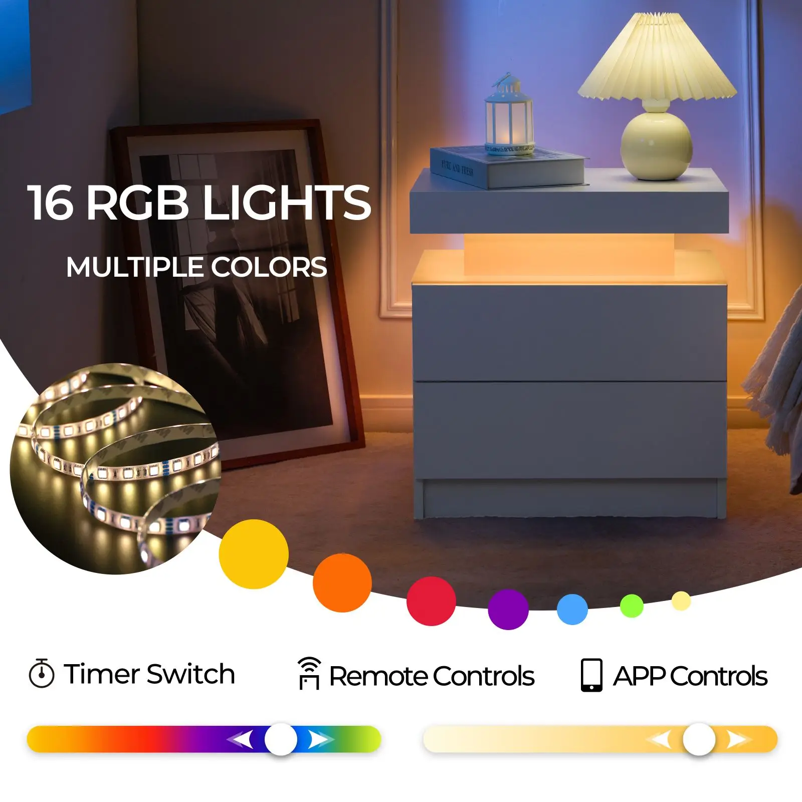 مجموعة منضدة Cubehom مكونة من 2 منضدة LED مع درجين، ومنضدة ليلية مع ضوء LED، وطاولة بجانب السرير مع أدراج لغرفة النوم