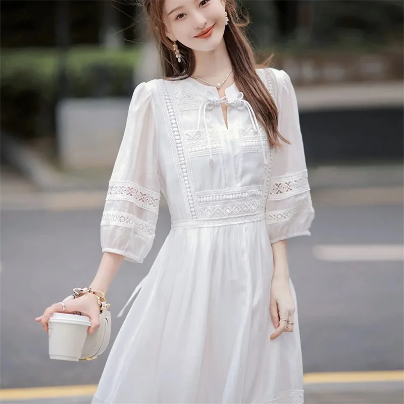 Wishing Spirit Fashion Gentle Fairy Lace A-line Skirt 2024 New Summer Tencel Dress Female Temperament Loose Medium Length Skirt