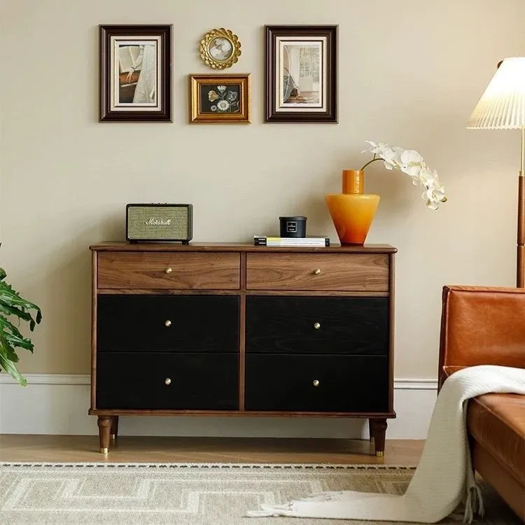 

Retro chest of drawers Side cabinet storage Solid wood Walnut six-bucket bedroom porch locker
