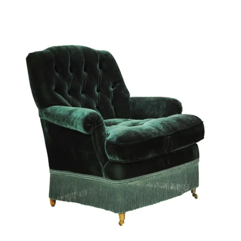 

Retro dark green velvet fringed living room single double sofa medieval pull button