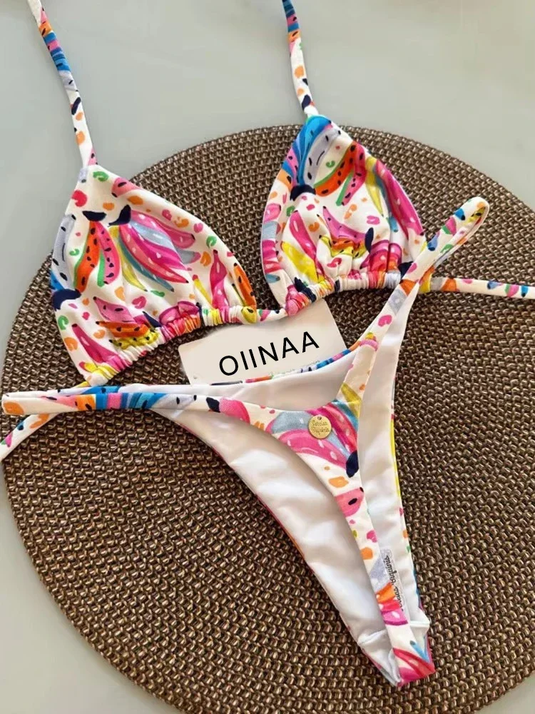 OIINAA Stampato Costume da bagno sexy Donna Bikini Set Perizoma Halter Backless Due pezzi Lace Up Moda femminile Costumi da bagno Costume da bagno Beachwear