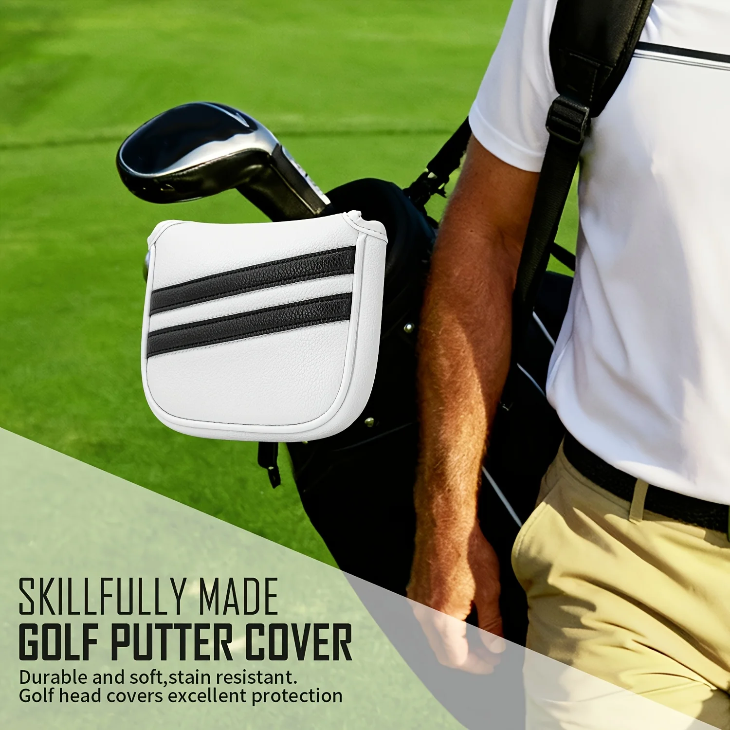1pc Double Bar Stripes Style Golf Club Head Cover, Golf Mallet Putter Cover, Made of PU Material, Universal Fit for Most Brands view 2