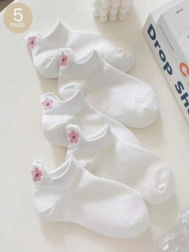 

5 Pairs Women Cartoon Short Socks Trendy Versatile Cute Flower Pattern Socks Sweat Absorbing Breathable Soft And Casual Socks
