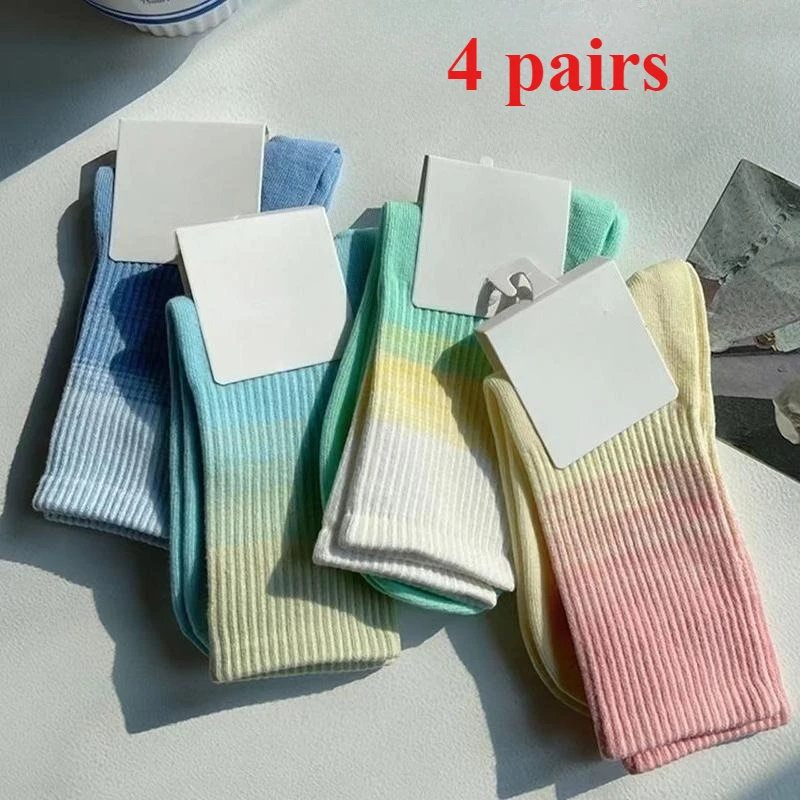 

4 Pairs of Candy Colored Cute Socks for Sports and Leisure Breathable Road Cycling Socks Tie Dye Gradually Changing Color Socks