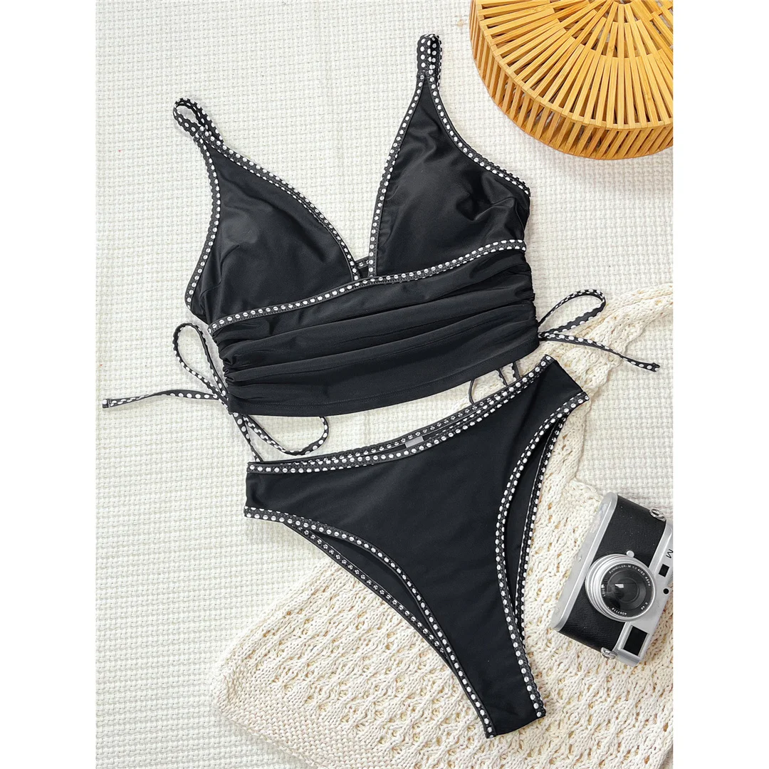 2026 Tankini mit V-Ausschnitt, gespleißter, geraffter Bikini, Damen-Badeanzug, zweiteiliger Bikini-Set, Badebekleidung, Badeanzug, Schwimmanzug V8266 – Detail 3