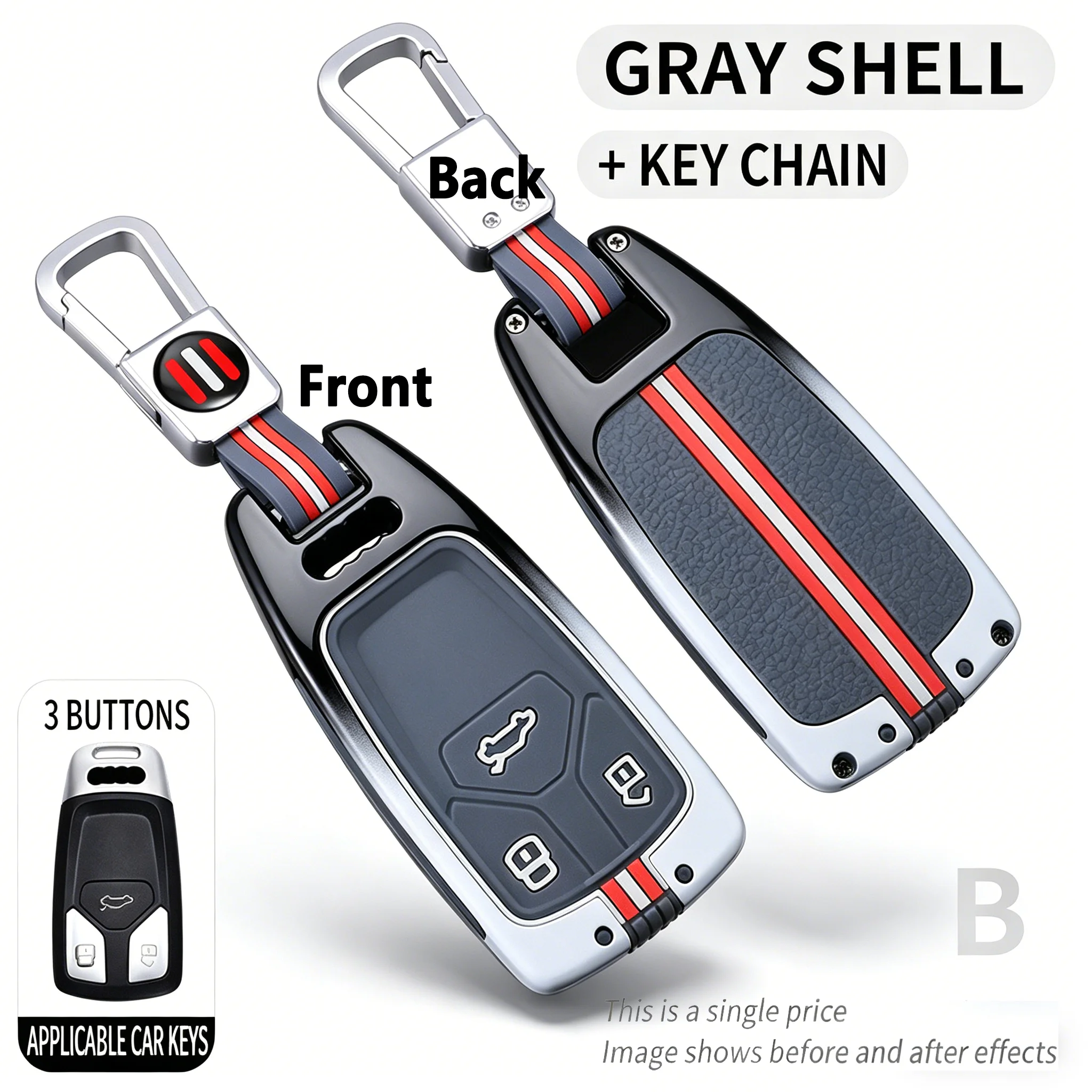 

Gray Metal Key Fob Cover for Audi A4 A6 Q5 Q7 3-Button Smart Key Protector with Keychain