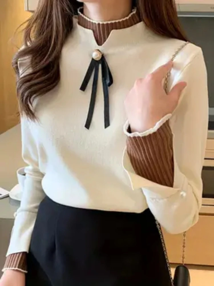 Autumn Winter Sweater Sweet Bow Knitwears Long Sleeve Slim Pullovers Women Solid Knitted Sweater Korean Casual Base Layer Y2k