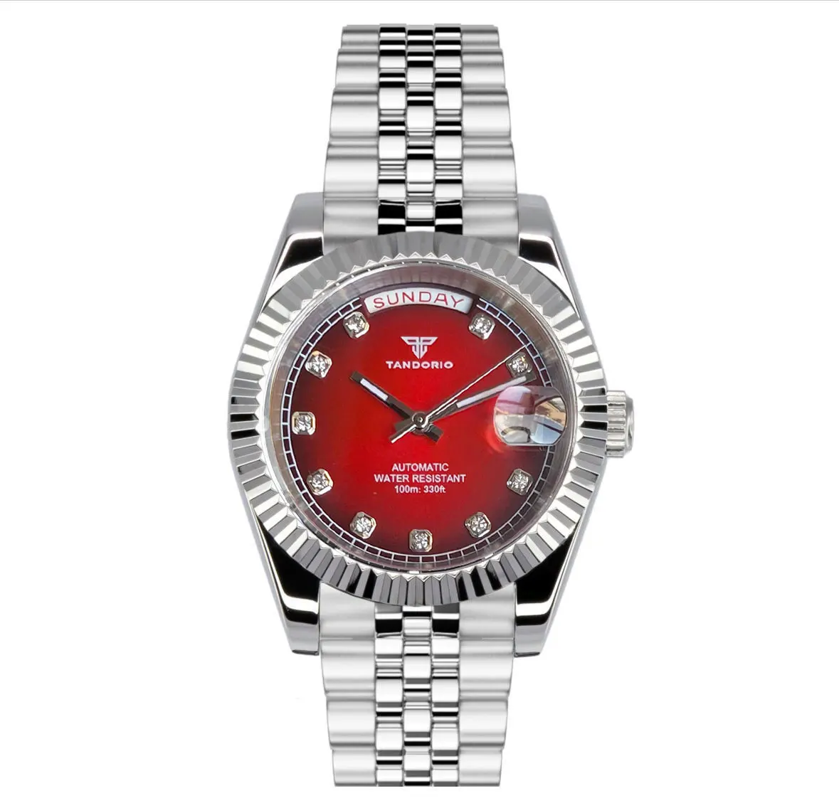Tandorio New Wine Red Diamond Marks Date Week Dial NH36A Automatic Men Watch 100m Waterproof Sapphire Crystal Glass Diver Watch