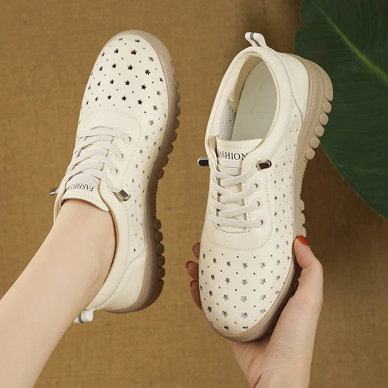 Women Shoes 2024 Fashion Summer Casual White Shoes High Quality Leather Hollow Breathable Platform Flat Shoes Woman Sneakers