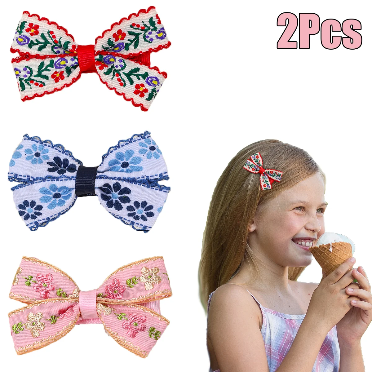 

2Pcs Trendy Flower Embroidered Bow Hair Clips For Girls Sweet Handmade Floral Hairpin Kids Vintage Headwear Hair Accessories