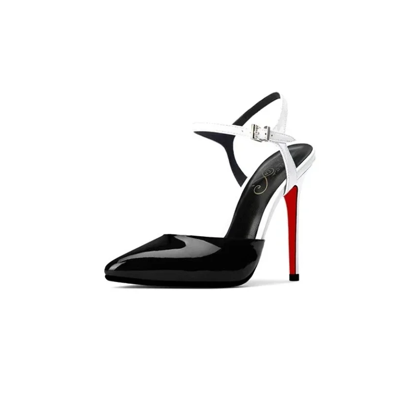 

Black White Color Blocking Patent Leather Women Back Empty Stiletto Pumps Pointed Toe Sexy High Heel Shoes 9cm Customize 33-40