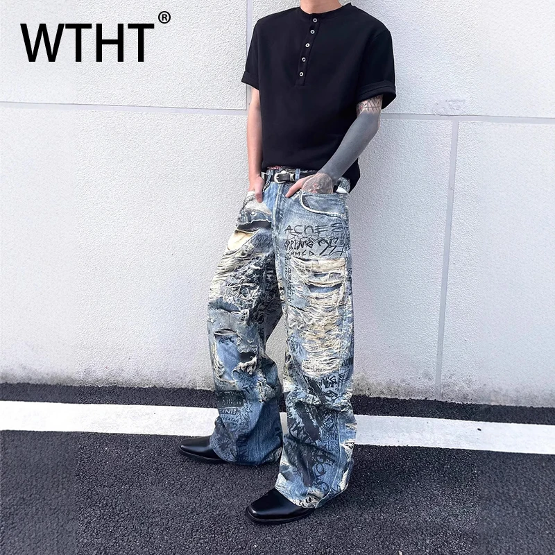 

WTHT Vintage 2025 Summer Men's 3D Graffiti Do Old Design Denim Pants Fashion High Street Wide Leg Loose Jeans Male 2A1345