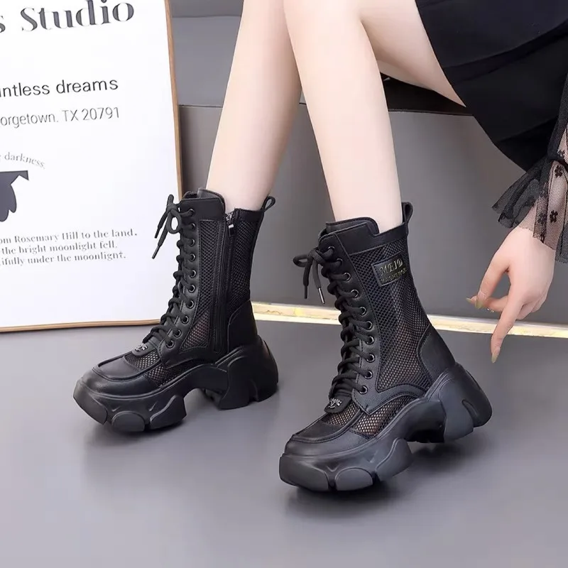 

2026 New Women Shoes Fashion Air Mesh Lace Summer Boots for Woman Exquisite Platform Motorcycle Boots Designer Shoes Botas Mujer