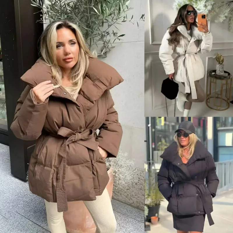

2025 New Stand Up Collar Warm Waist Cinching Cotton Coat Long Sleeve Tie Outerwear Women Autumn Winter Padded Jacket