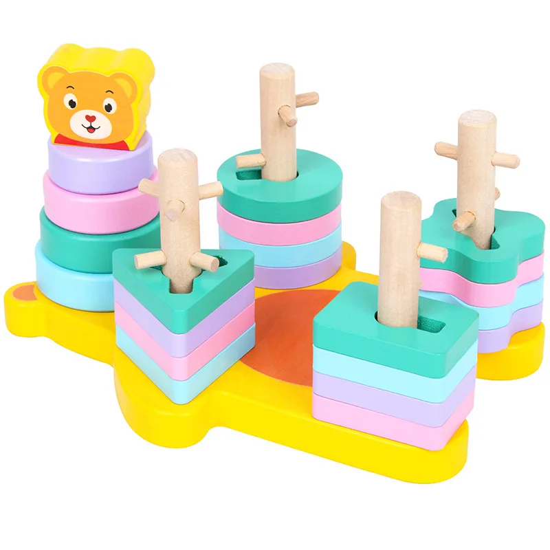 Building Block Four Sets Columns Geometric Sleeve Column Children Montessori Early Education Shape Matching Color Cognitive