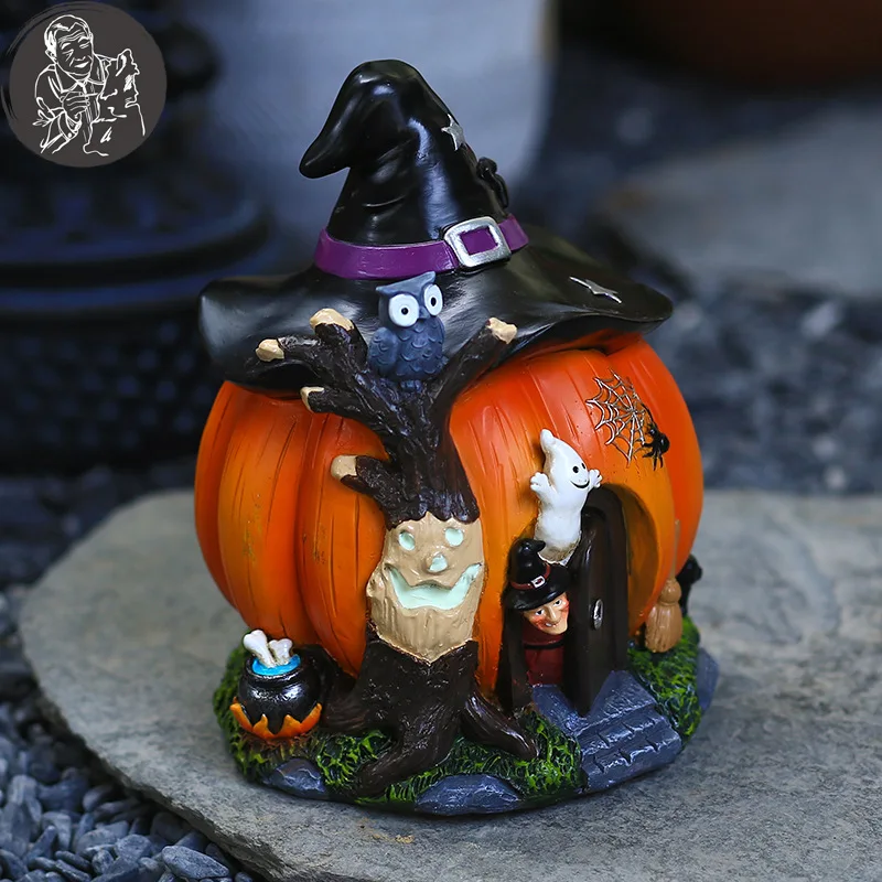 20CM High Halloween Witch Pumpkin House Ornament Garden Luminous Decoration Gift Resin Crafts