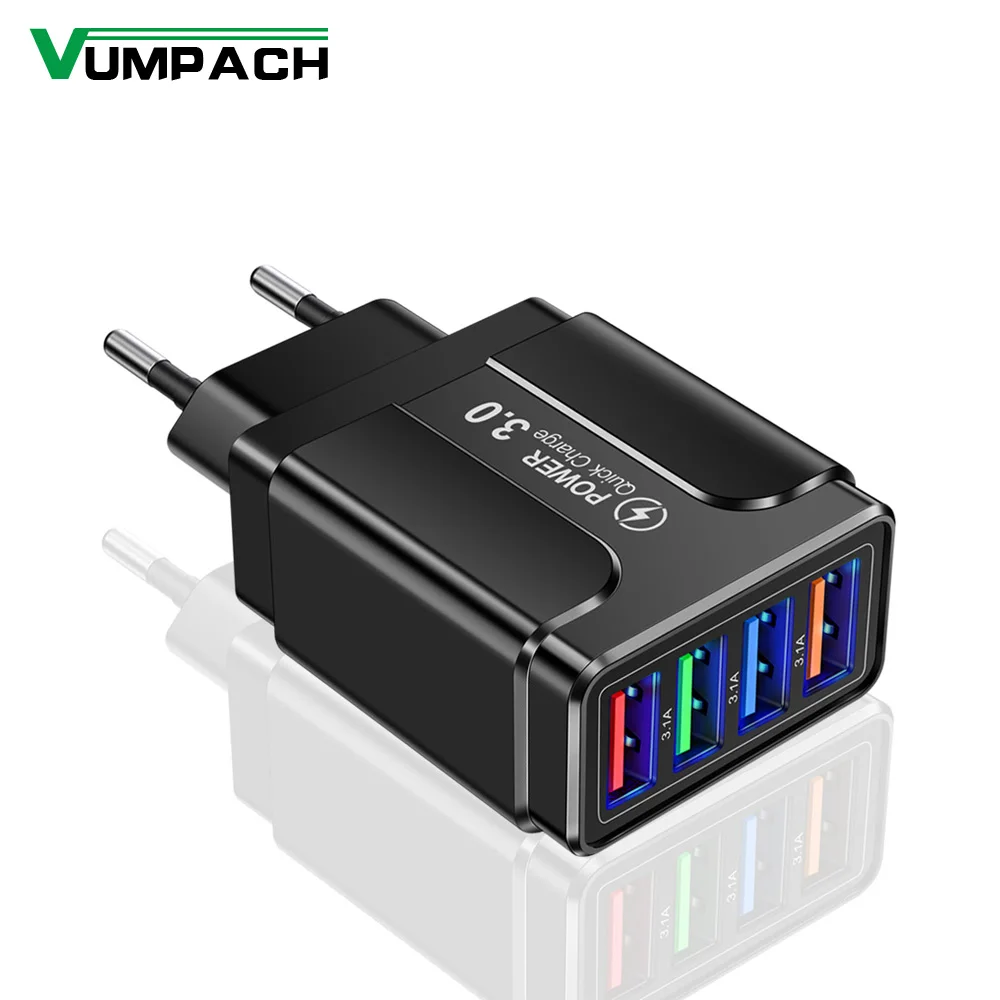 4 포트 빠른 충전 3.0 벽 고속 충전기 어댑터 삼성 Xiaomi 화웨이 휴대 전화에 대한 마이크로 USB 빠른 데이터 동기화 충전기 케이블