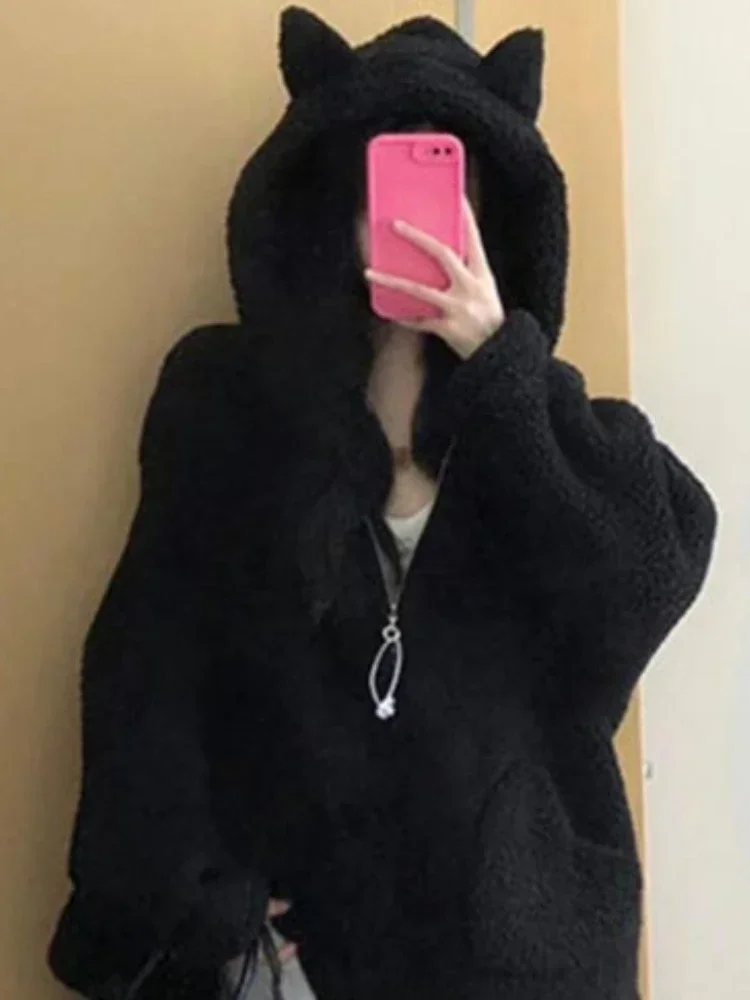 Vintage Black Hooded Loose Casual Jacket Streetwear Fashion Fluffy Pocket All Match Coats Y2k Aesthetic Grunge Women Zipper Top