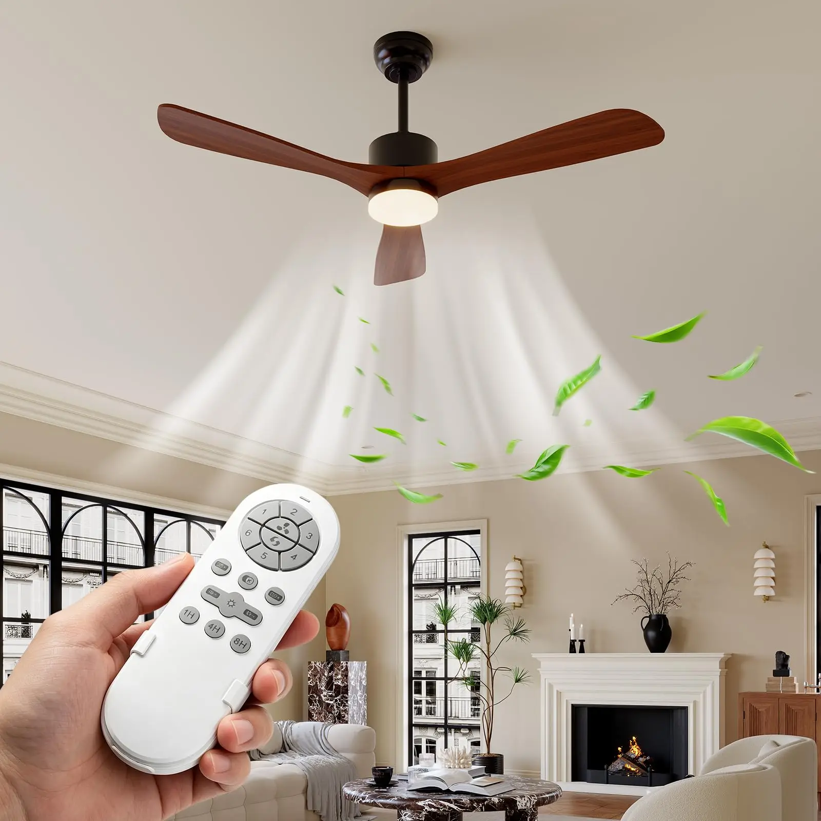 Ceiling Fan with Lights and Remote 6 Speed Reversible DC Motor Solid Wood Blades Dimmable LED 3 CCT Quiet Modern for Bedroom Living Room