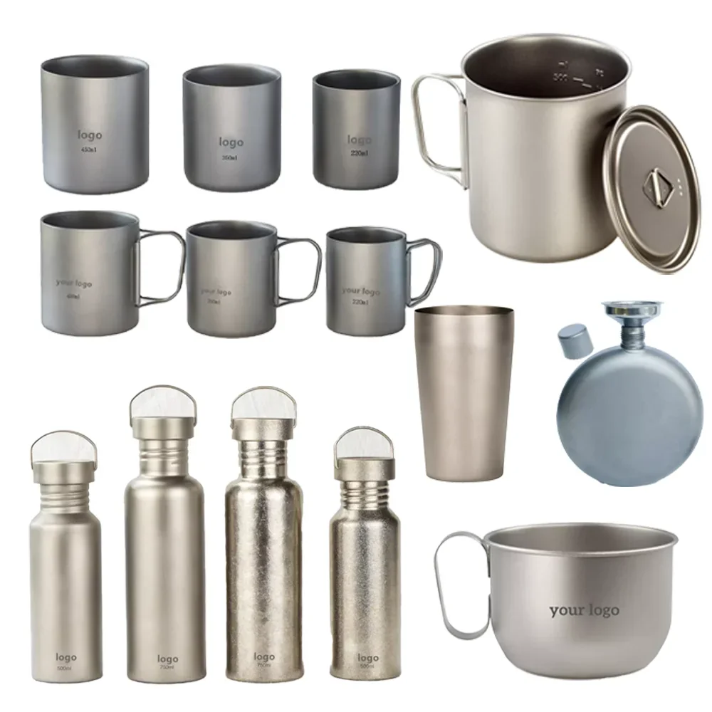 

Outdoor Camping Hiking Healthy Material Travel Utensils Kettle Bottle Cups Pot Flatware Titanium Drinking Utensils