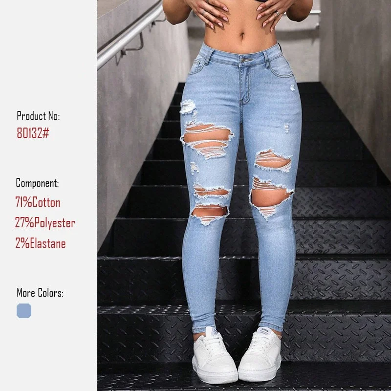 HOT Long Pants Women's Casual Slimming Denim Jeans Hole Punching Tapered Pants Comfortable Stretchy Female Fashion Trousers