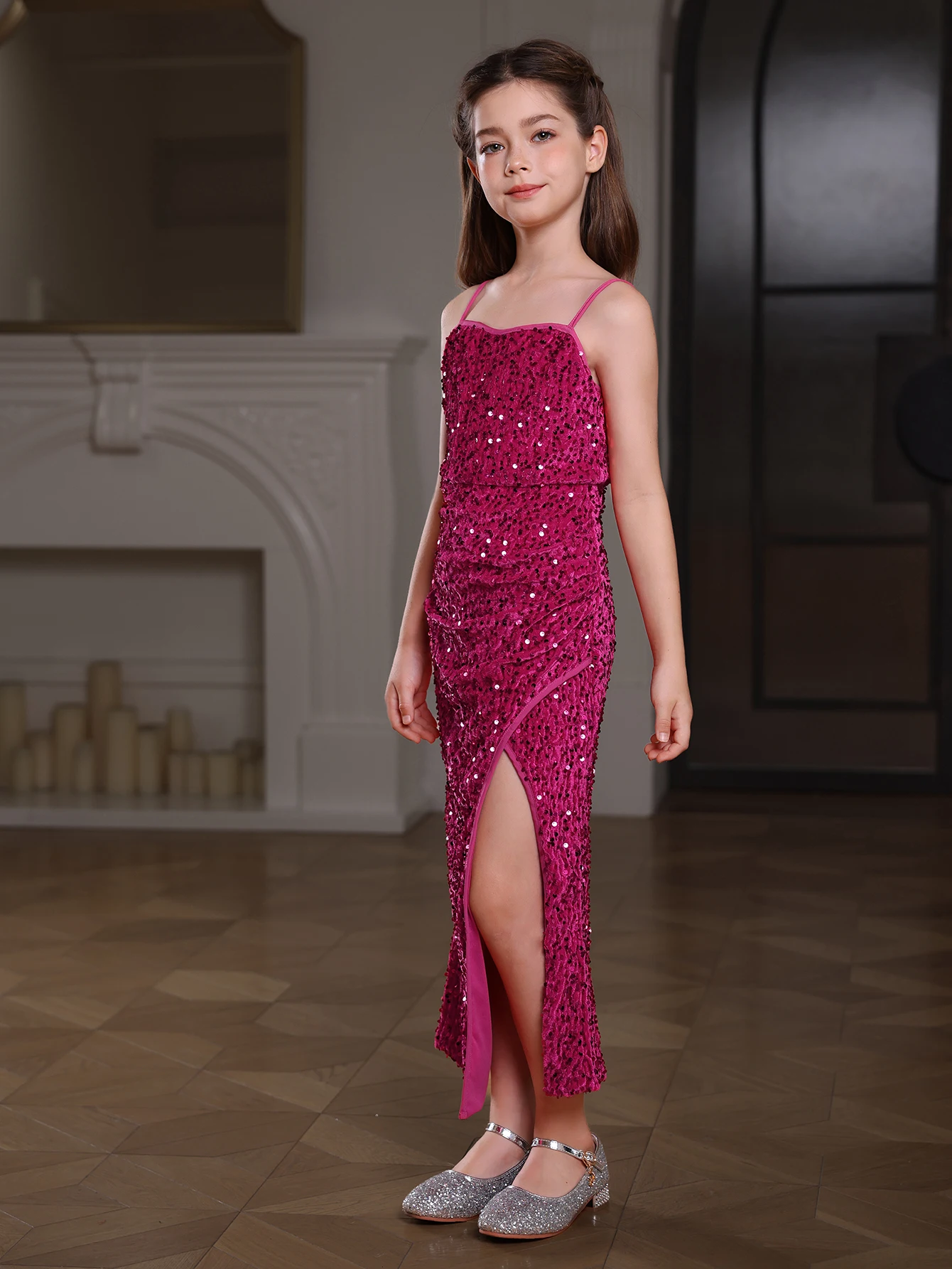 Girls Enchanting Sequined Maxi Gown Dress - Thin Strappy & Split Fish Tail Hem for Birthday Parties, Weddings, Pageants & More