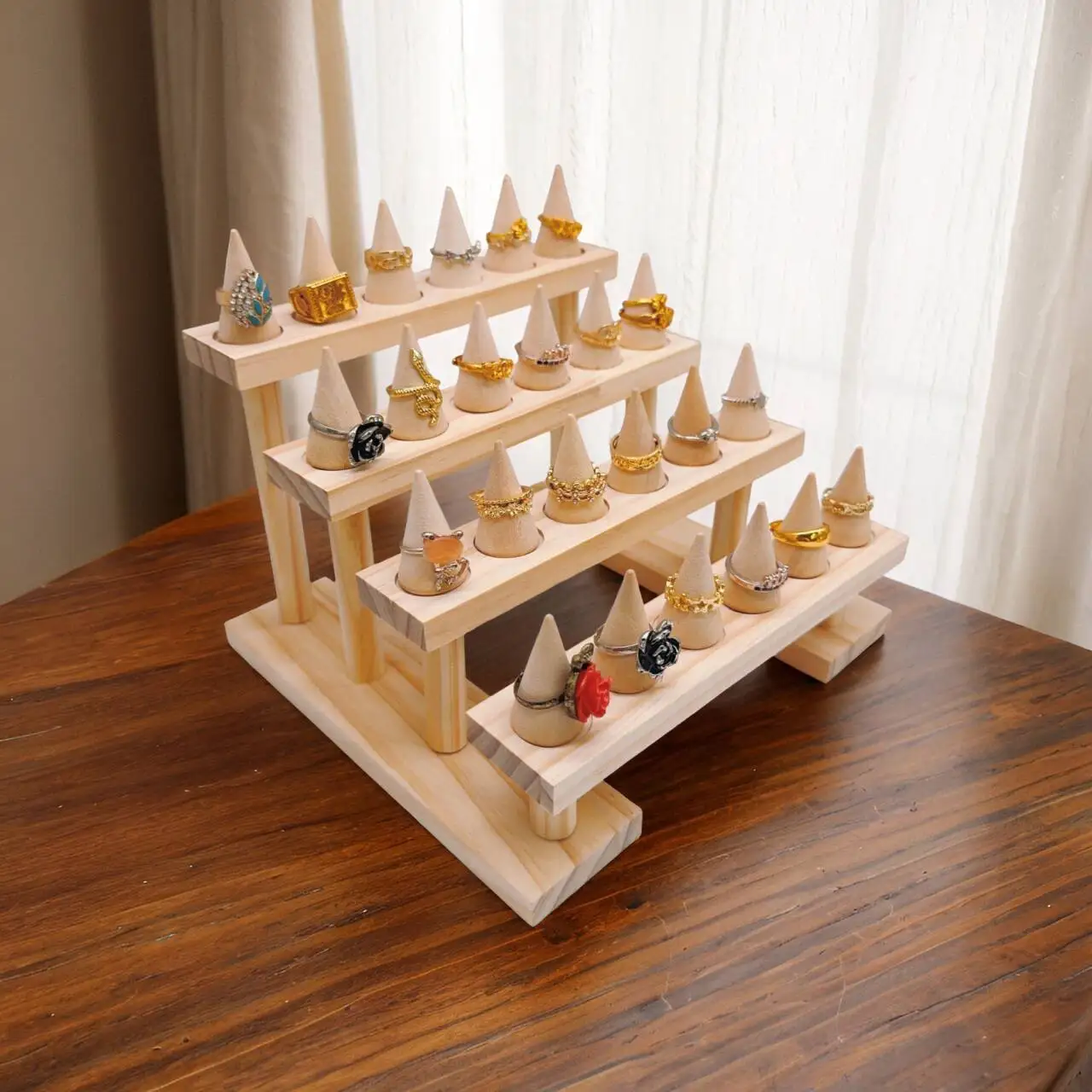 Wood Cone Ring Display Holder Jewelry Display Stand Ring Showcase Storage Tray For Counter Shows Wooden Base Shop Decor