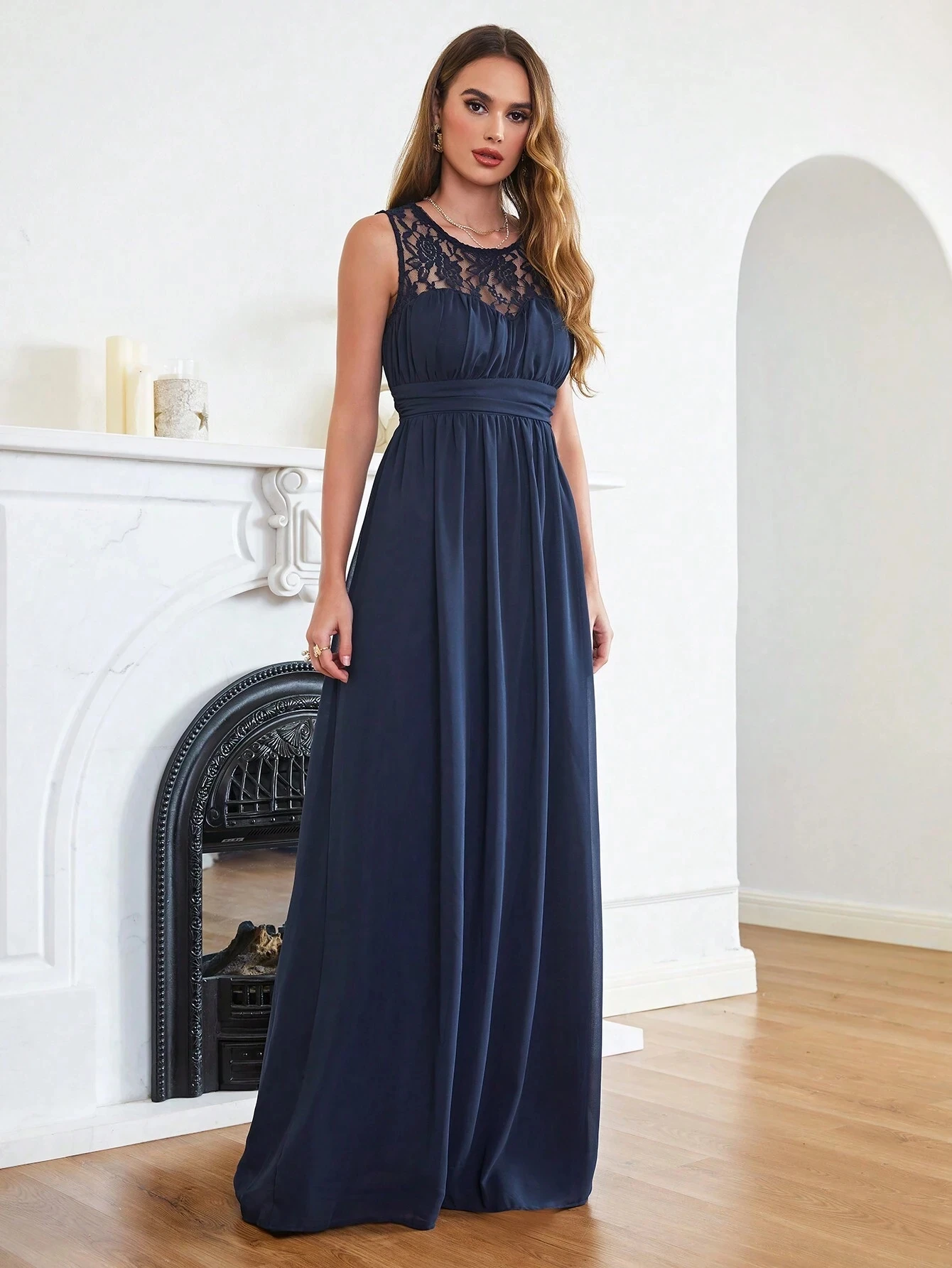 BABYONLINE D.R.E.S.S. Bridesmaid Dress Contrast Lace Ruched Waist Chiffon Illusion Neck Chiffon And Lace Dresses Cabernet